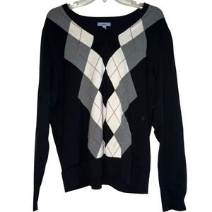 Izod Mens XXL Argyle V-Neck Sweater Black Grey‎ White 100% Cotton PC-759